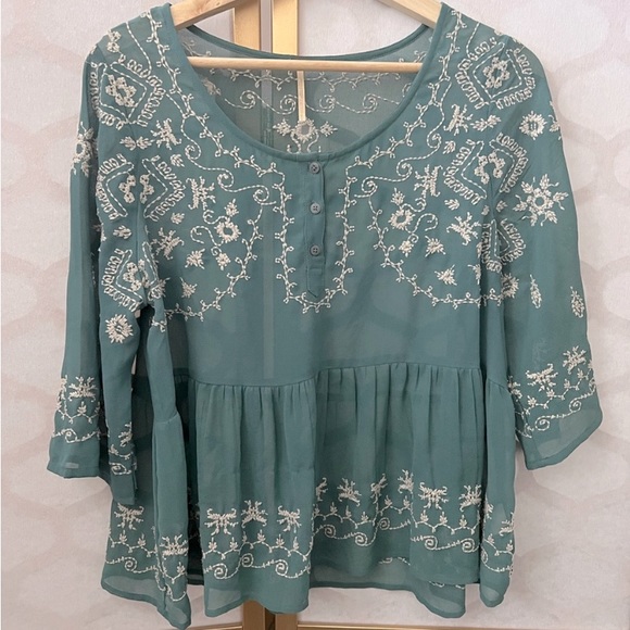 Free People Turquoise Embroidered Sheer Blouse Top - Picture 6 of 9
